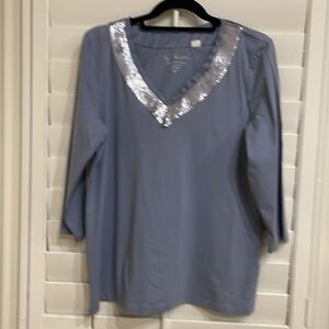 Chico’s Size 2 ( 12/14) Dusty Blue Too with sequined V-Neck, 3/4 Sleeves.